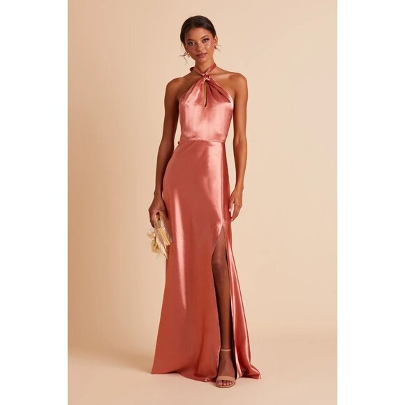 Birdy Grey Monica Size Medium Shiny Satin Terracotta Bridesmaids Maxi Dress NWT - Picture 1 of 12